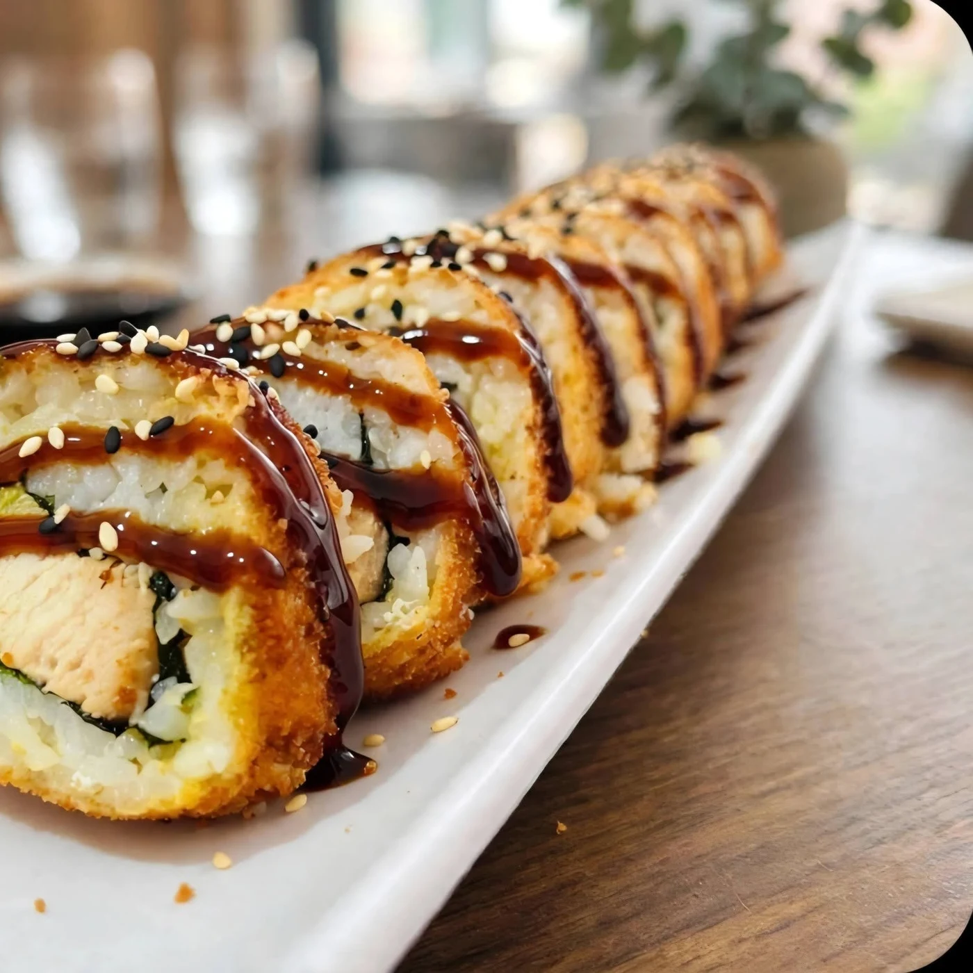 Rollo empanizado de Palillos Sushi Mao con salsa de anguila