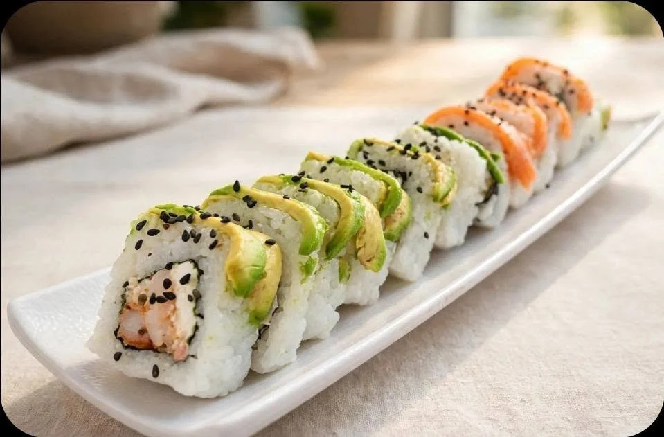 Rollos frescos con aguacate y salmón
